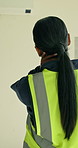 Engineer, massage and neck pain at site for construction, muscle tension and architecture fatigue. Back, woman and discomfort at worksite with burnout, maintenance accident and building development
