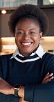 Real estate, face and realtor in home with arms crossed, leasing agent and pride in housing market. Happy, portrait and black woman with confidence, property seller or about us in commercial industry