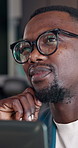 Man, thinking and remote work in house with laptop, glasses and idea for online real estate advert. Realtor, black person and vision in home with computer, hybrid job and planning to sell property.