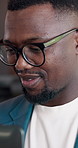 Man, glasses and remote work in house with laptop, research real estate and review online calendar. Happy, black person and realtor in home with computer, hybrid job or check ad for property listing.
