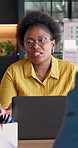 Woman, analyst and meeting with laptop in office for performance management, review or discussion. Female person, analytics or conversation with computer for company statistics or project analysis