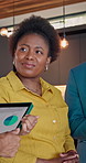 Meeting, planning and business people with discussion in office building for project or revenue. Group, employees or analyst talking with team, tablet or graph for finance or performance in workplace