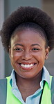 Construction, face and black woman on site with smile, contractor and pride in building renovation. Happy, confidence and engineer with portrait, developer and about us in remodeling industry.