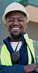 Construction, face and supervisor with arms crossed, site manager and pride as compliance surveyor. Happy, confidence or black man with hardhat, safety officer and about us in building development.