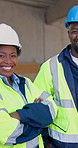 Architect, face or happy people with team on construction site for building service or development. Portrait, group or civil engineer with smile, pride or confidence for architecture project together