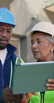 Construction, team and tablet with site inspection, phase evaluation or point for defect management. People, architect or foreman on tech for building timeline, information request or clash detection