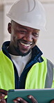 Engineer, laughing and man with tablet in building, browsing and planning for property development. Civil engineering, online and black person with tech, happy and scroll design on construction site