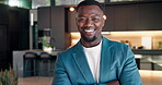 Realtor, man and arms crossed at open house with face, property staging or sale management expert. Real estate, black person or laugh for hosting showcase, new listing or confident for resale auction