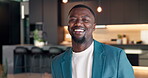 Realtor, man and happy at open house with face, property staging and sale management expertise. Real estate, black person and laugh for hosting showcase, new listing and home tour for resale auction
