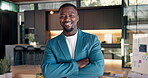 Face, happy man and arms crossed in office for business, creative career and styling expertise. Designer, black person and smile for project management, client services and interior decor confidence