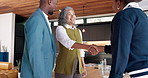 Real estate, greeting or people in home with handshake, hello or welcome in sale consultation. Happy, client or realtor with shaking hands, property exchange or introduction in investment negotiation