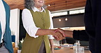 Real estate, greeting or people in house with handshake, hello or welcome in sale consultation. Happy, client or broker with shaking hands, property exchange or introduction in investment negotiation