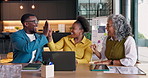 Business, team and laptop with high five for real estate, data and property sales success in house. Happy, realtor and people clap with computer, statistics and celebration for profit achievement.