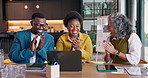 Realtor, people and laptop with applause for success, deal and data for property sales goals in home. Happy, team and clapping with computer, stats achievement or celebration for real estate business