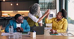 Realtor, team and laptop with high five for deal and achievement with property sales data in house. Happy, people and applause with computer, stats and celebration for real estate startup success.