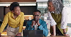 Business, people and meeting with laptop for campaign planning, proposal and competitor analysis. Marketing manager, team and tech at agency for design review, project management and brand strategy