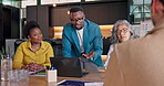 Business, team and laptop for client meeting, campaign pitch or strategy for brand development. Media agency, people and strategist with tech for advertising proposal, budget plan or marketing funnel
