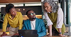 Creative, team and meeting with laptop for campaign planning, proposal and competitor analysis. Marketing manager, people and tech at agency for design review, project management and brand strategy
