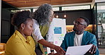 Business, document and team with discussion for real estate, data and plan for dynamic rent pricing. Realtor, manager and people talk in home with paperwork, graphs and stats for property valuation.