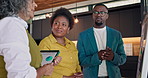 Team, board and talk with meeting for data analysis, tablet or dynamic rent pricing for real estate. Realtor, manager and people in home with market research, charts and stats for property valuation.