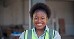 Engineer, face and woman with smile, outdoor and confident with career growth or renovation project. Civil engineering, portrait and black person with pride, real estate or happy on construction site