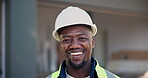Engineer, face and man with smile, outdoor and confident with career growth and renovation project. Civil engineering, portrait and black person with pride, laughing and happy on construction site