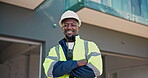 Engineer, face and happy man with arms crossed, outdoor and confident with career growth or project. Civil engineering, portrait and black person with helmet, pride and smile on construction site