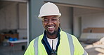 Engineer, face and man with helmet, outdoor and confident with career growth and renovation project. Civil engineering, portrait and black person with pride, laughing and happy on construction site