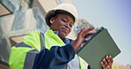 Engineer, online and woman with tablet, construction and planning for renovation project on website. Civil engineering, low angle and black person with tech, happy and info for property development