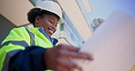 Engineer, laughing and woman with document, construction or plan for property development with info. Civil engineering, low angle and black person with idea, reading and happy with building design