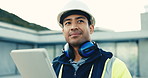 Architect, thinking or happy man with tablet for construction inspection or building maintenance. Male person, contractor or civil engineer with smile or technology for architecture project or design