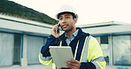 Architect, man or tablet with phone call on construction site for building inspection or safety. Male person, contractor or civil engineer talking with technology or chat for architecture maintenance