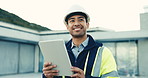 Architect, construction or happy man with tablet on site for building inspection or maintenance. Male person, contractor or civil engineer with smile or technology for architecture project or design