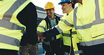 Pile, success and construction team with hands together for progress, building development and win. Clap, men and woman as engineer, electrician and supervisor celebrate completion or finish project