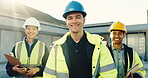 Face, team and smile with leader for construction workforce, electrical phase and engineering. Man, electrician and workers with tech, pride and inspection checklist for building renovation on site