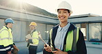 Face, clipboard and woman with smile for construction supervisor, renovation or progress control. Project lead, engineer or radio with pride for remodeling contract, building development or checklist