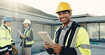 Face, engineer and tablet at site for construction, research and inspection report of architecture. Portrait, man and smile outdoor with tech, blueprint and compliance checklist for building progress