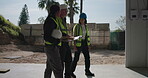 Construction, team or clipboard for site inspection, compliance audit or renovation progress. People, architect or subcontractor with building visit for remodeling quality, punch list or phase check
