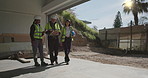 Construction, team and clipboard for building inspection, safety audit or project progress review. People, architect and subcontractor with site visit for remodeling quality, punch list or compliance