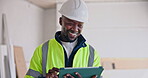 Building, engineer and man with tablet, laughing and plan for renovation project or research on web. Civil engineering, online and black person with tech, scroll and happy for property development