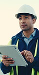 Engineer, thinking and man with tablet, outdoor and scroll research for property development on web. Civil engineering, online and happy person with tech, reflection and plan for renovation project