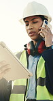 Woman, engineer and phone call at worksite with tablet, building instruction or problem solving. Low angle, supervisor or outdoor with tech for operations management, contact or project update in app