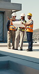 Construction, team and people with blueprint, inspection or engineers with paperwork for renovation. Civil engineering, collaboration and colleagues with laborer, discussion and property development