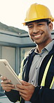 Construction worker, face and happy man with tablet, outdoor and laugh with research for renovation. Safety coordinator, portrait and person with smile, scroll and site inspection with technology