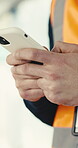 Construction, texting and hands on site with phone, task brief and inspection update in chat. Space, man and engineer with tech, progress report and project coordination in feedback communication.