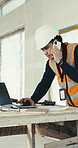 Engineer, phone call and man with laptop in building, property development and talking with contact. Civil engineering, communication and person with mobile, project update and research with tech