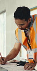 Construction, blueprint or man on site with sketch, project draft or architect layout for renovation. Review, ppe or engineer with writing, floor plan and operation report for building remodeling.