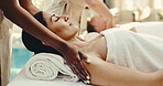 Woman, relax and massage with couple at spa for holistic wellness, stress relief and health healing. Mature man, partner and therapy with masseuse for peace, calm and pamper oil with luxury treatment