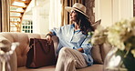 Travel, relax and woman in hotel with thinking, trip reflection and calm moment on summer holiday. Chill, nostalgia and mature person with daydreaming, peaceful perspective or mindfulness on vacation