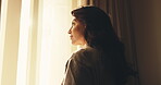 Travel, thinking or woman in hotel room with window, trip reflection or calm moment on holiday break. Space, nostalgia or mature person with daydream, peaceful perspective or mindfulness on vacation.